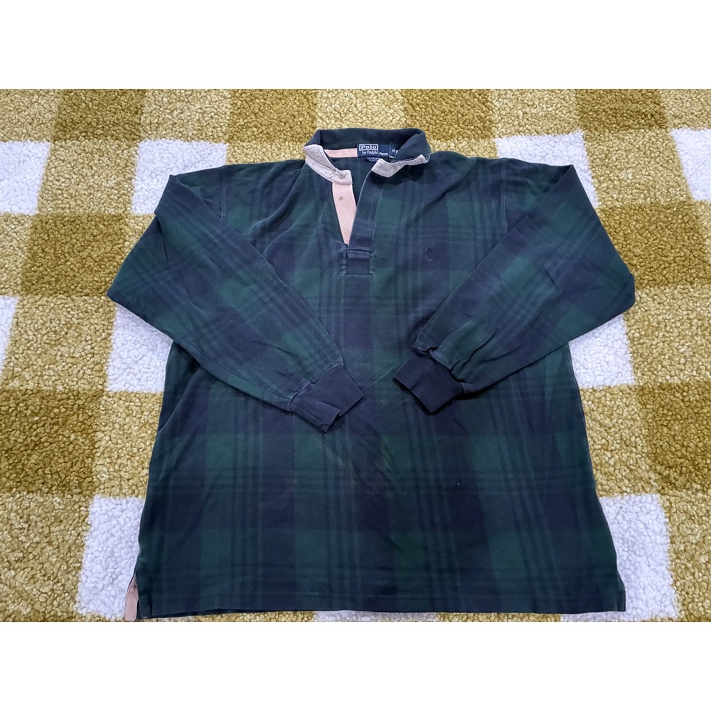 Polo Ralph Lauren Mens Green Navy Black Watch‎ Plaid Rugby Shirt Long Sleeve M